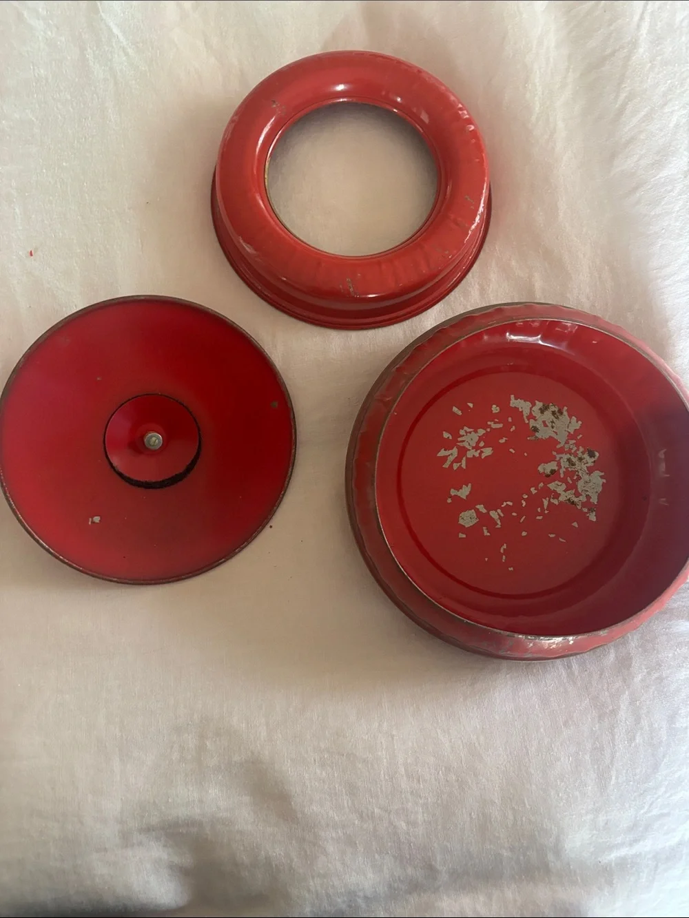 Vintage Tin red orange 1950’s 3 piece wood knob thread round metal Sewing box